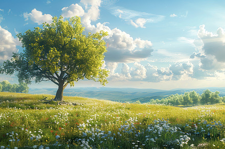 Lush green field under blue skies wi, a Photo by LOGOCREATIVE