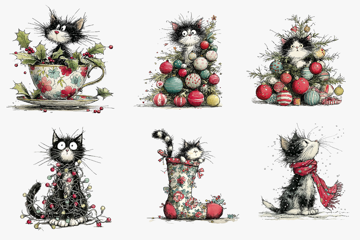 Whimsical Christmas Cats Clipart, an Illustration by CreationArt (Photo 4 of 5)