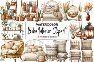 Watercolor Boho Interior Clipart, an Illustration by DreamArtGraphic