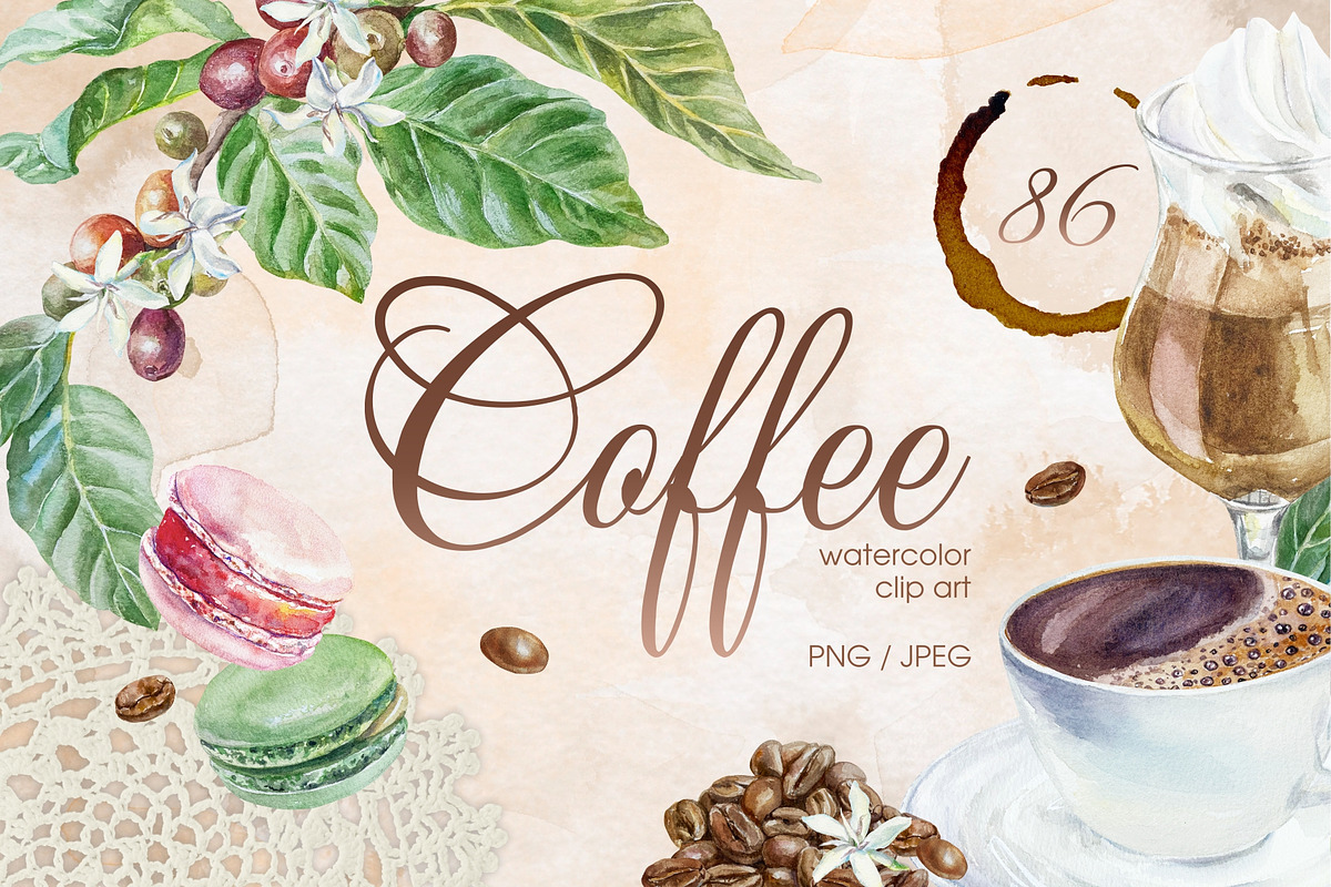 Coffee. Watercolor clip art., a Food Illustration by Farida Bik (Photo 1 of 12)