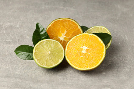 Concept of tasty food with citrus fruits on gray textured backgr, a Food & Drink Photo by AtlasStudio PRO
