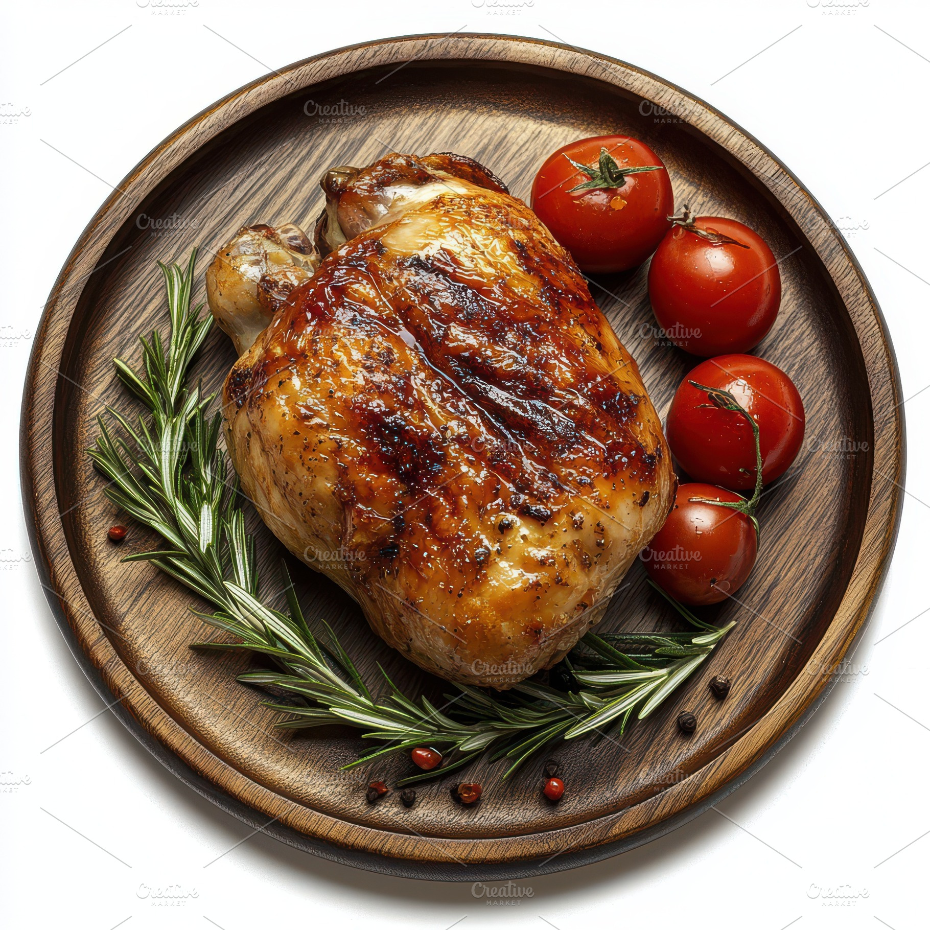 Roasted chicken and tomatoes on a wo, a Food & Drink Photo by Pixeness Studio