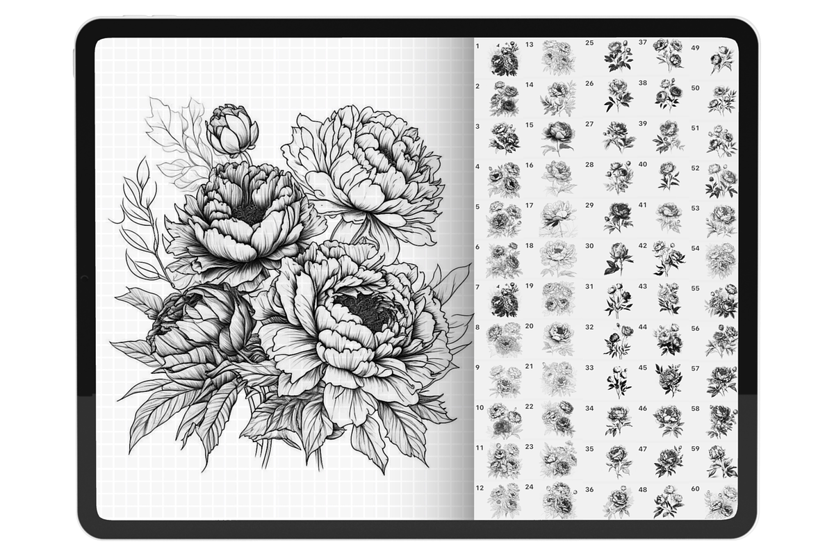 Procreate Peony Flower tattoo brush, a Brush Add-On by Revabrush
