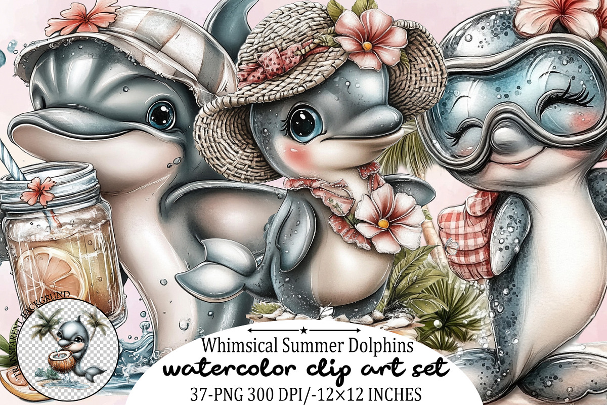 Whimsical Summer Dolphins Clipart, an Illustration by SVGArt (Photo 1 of 9)