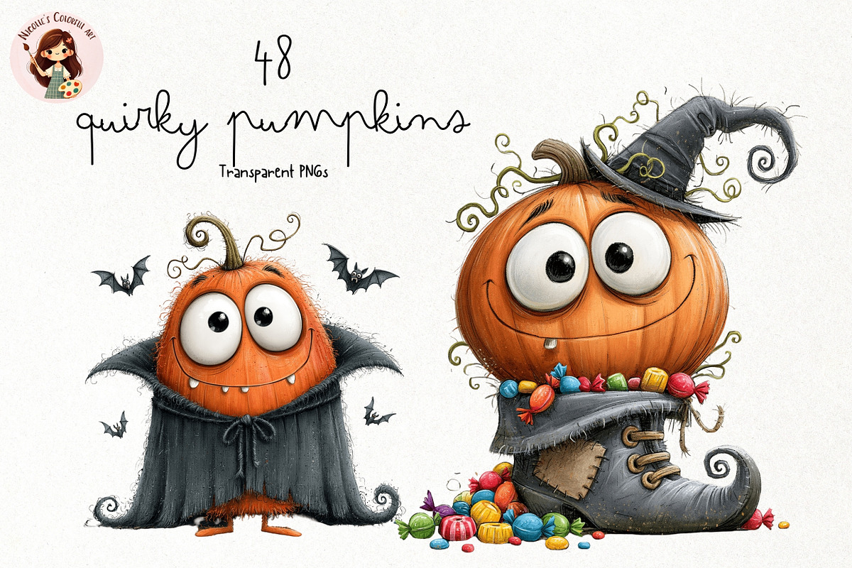 Whimsical Quirky Pumpkins PNG, an Animal Illustration by Nicolle's Colorful Art (Photo 1 of 5)