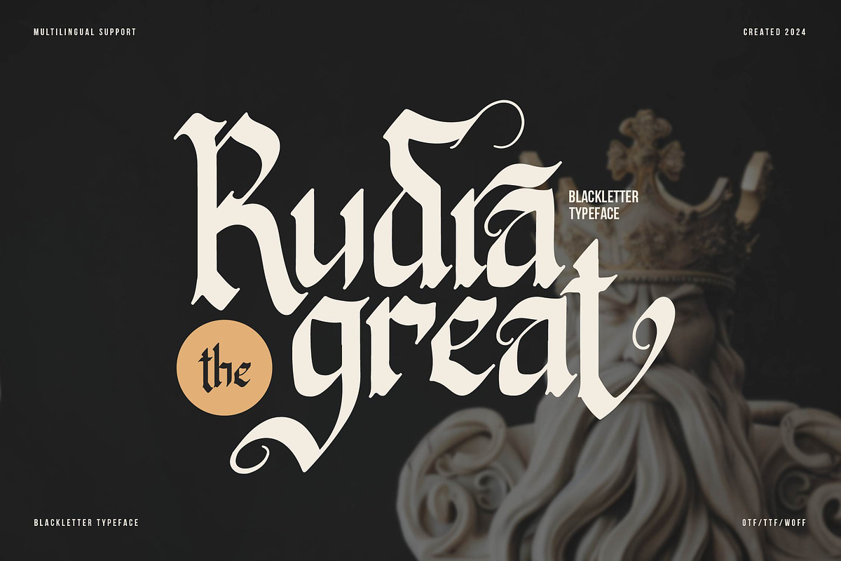 Rudra Great | Blackletter Typeface, a Blackletter Font by Denustudios (Photo 1 of 14)