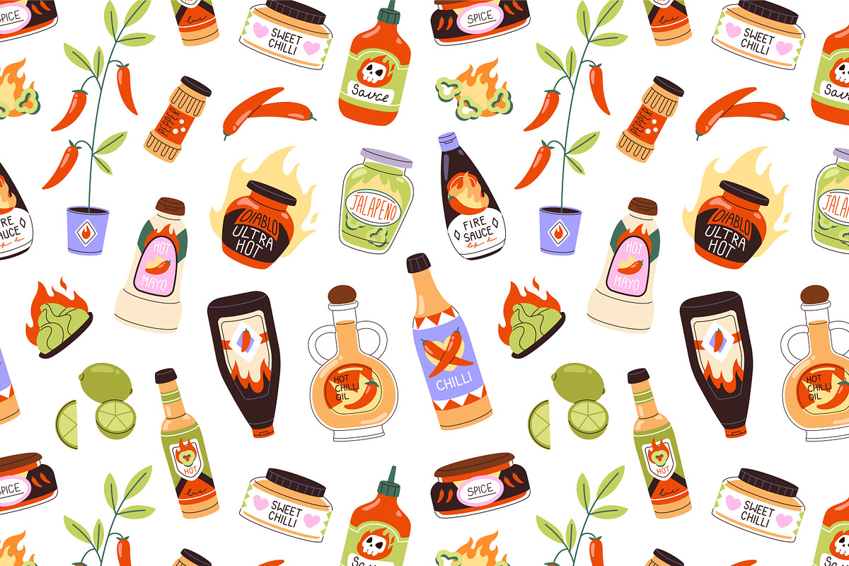 Spicy sauces set + seamless patterns, a Food Illustration by PaperTrident (Photo 3 of 4)