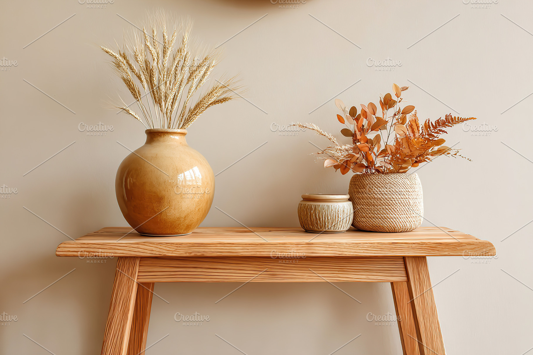 Console table featuring a ceramic vase and decorative plant arrangements in war, a Photo by AlyaAnd