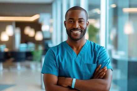 Male doctor, medical worker wearing uniform in a hospital