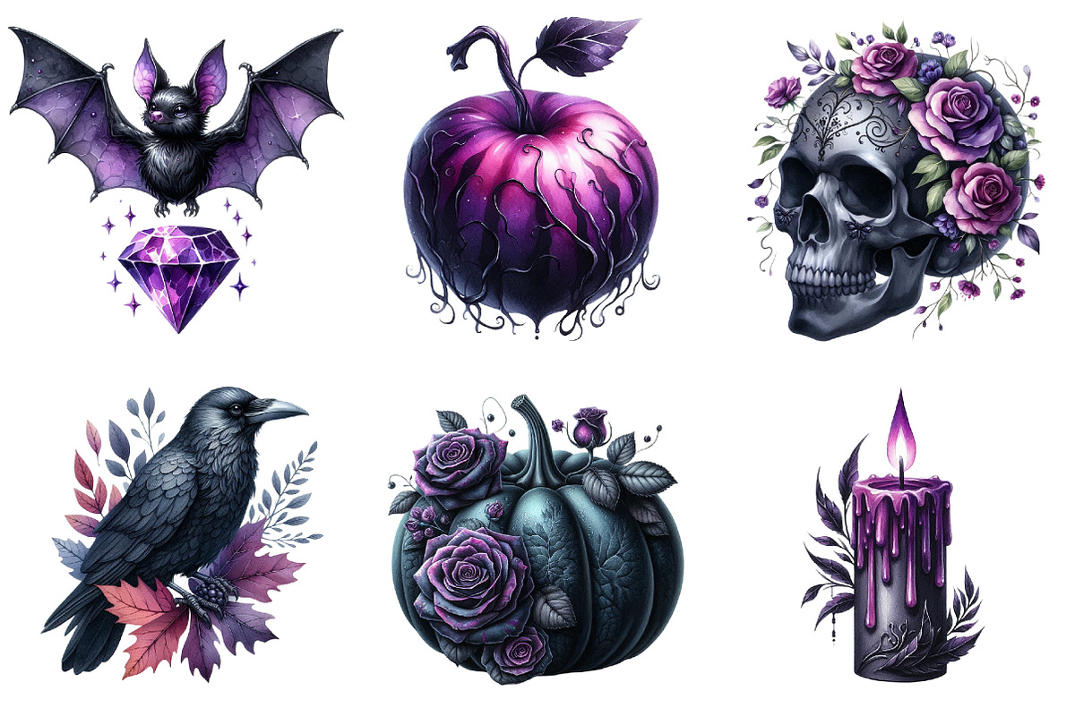 Black & Purple Gothic Autumn Clipart, an Illustration by Watercolor design (Photo 2 of 4)