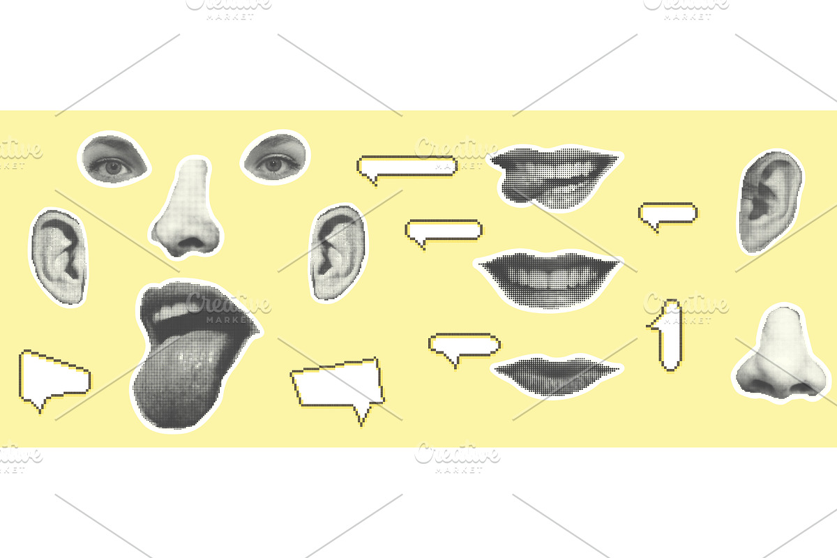 Set of eyes, lips, ear in halftone, an Illustration by Zimages