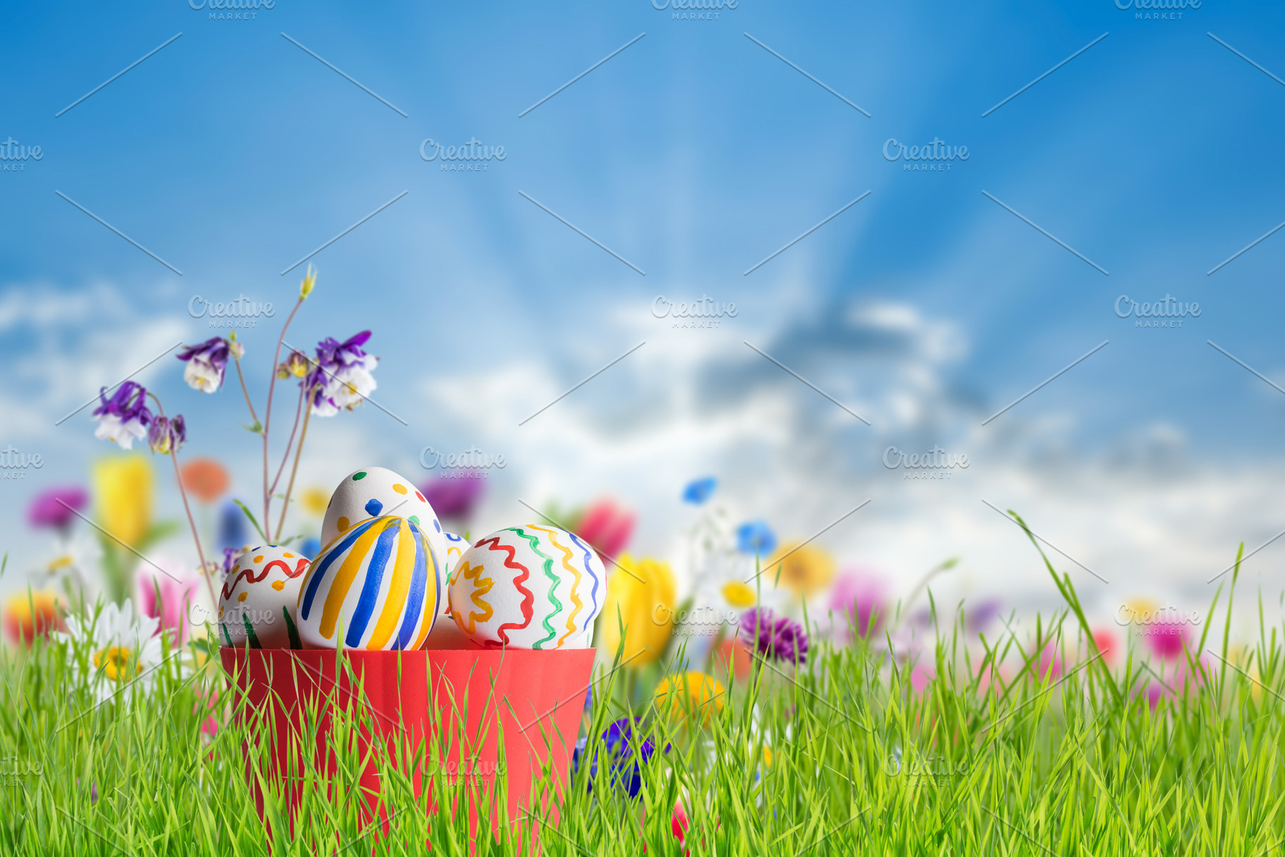 Easter background with flowers and e stock photo containing easter and egg, a Holiday Photo by firewings