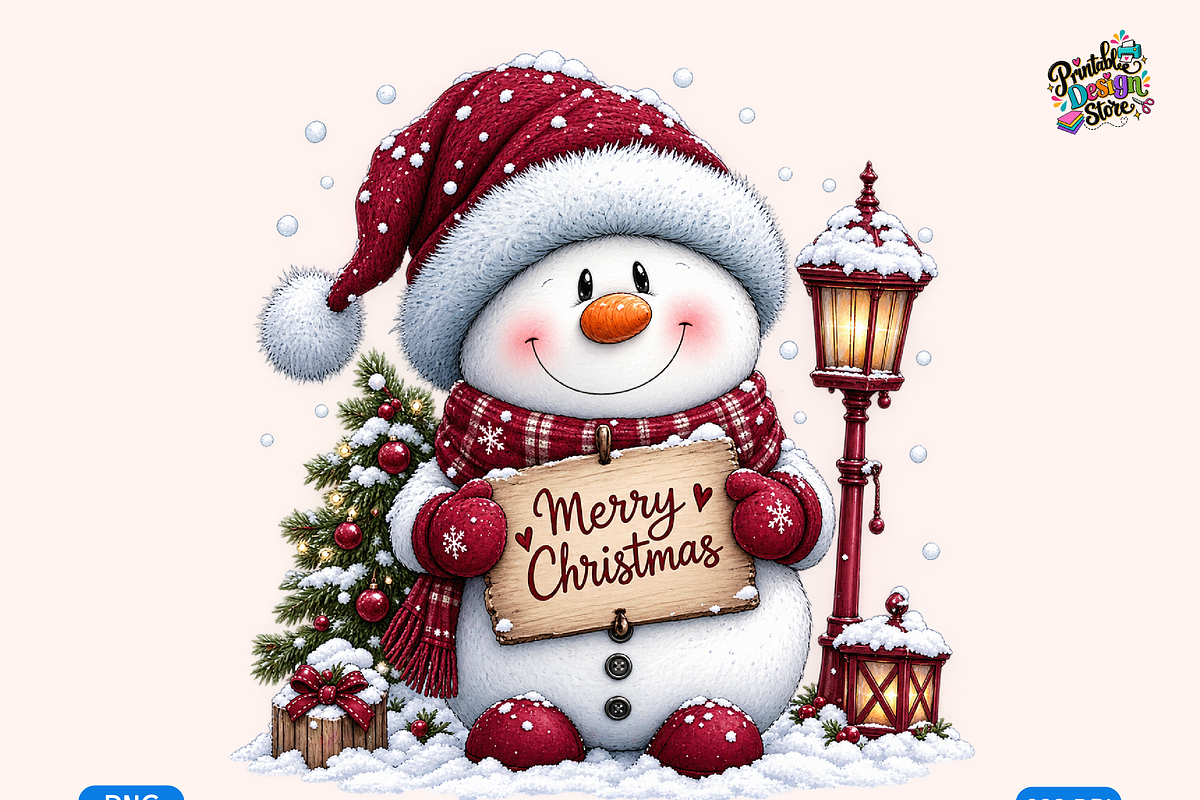 Merry Christmas Snowman Greeting, a Seasonal Illustration by Printable Design Store (Photo 1 of 5)