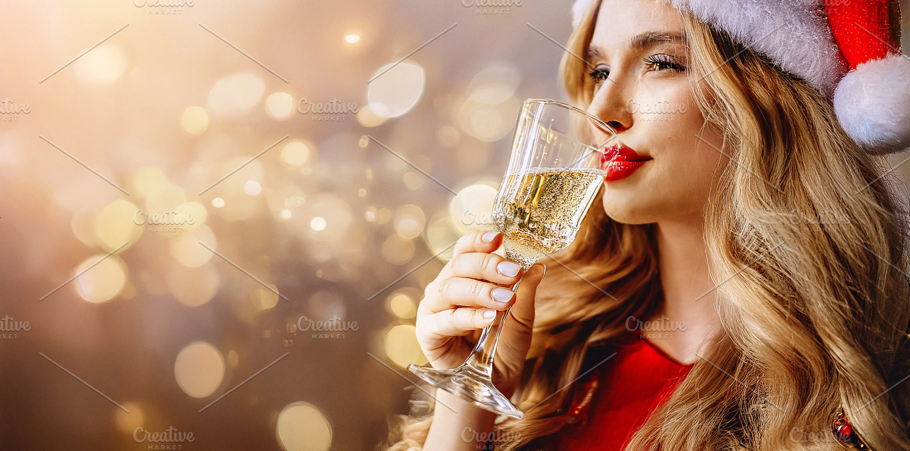 Portrait of woman drinking sparkling wine with background golden, a Holiday Photo by Davizro's Market