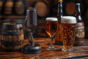 Vintage microphone and beer glasses, a Photo by Tanuart