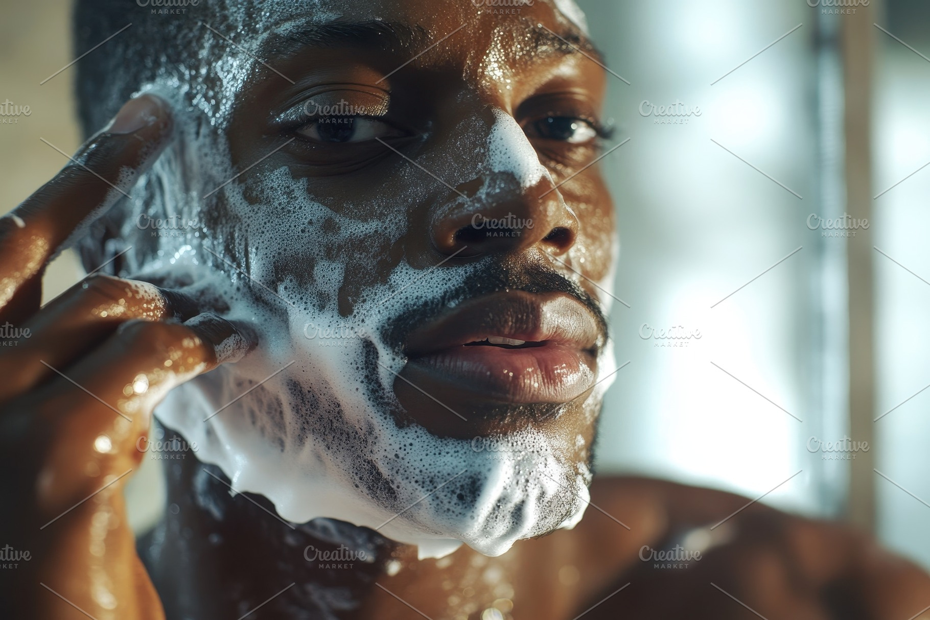 Man applies shaving foam on his face, a Photo by Iftikhar Alam