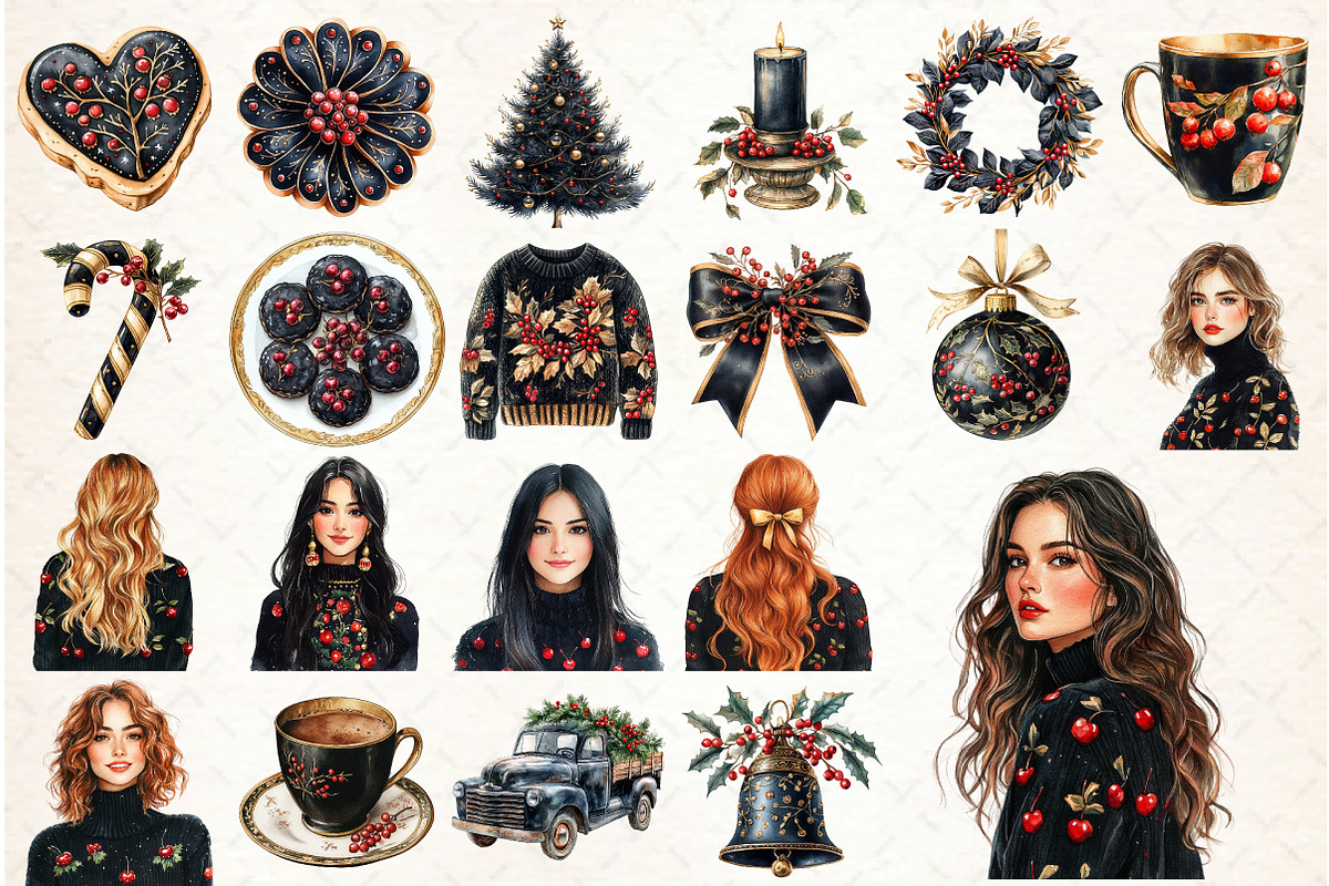 Midnight Cherry Christmas Clipart, an Illustration by Libby Wishes (Photo 2 of 7)