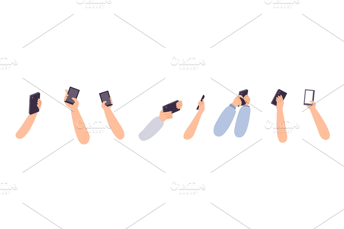 Hands holding smartphones, different, a Technology Illustration by Valerie Bodnar