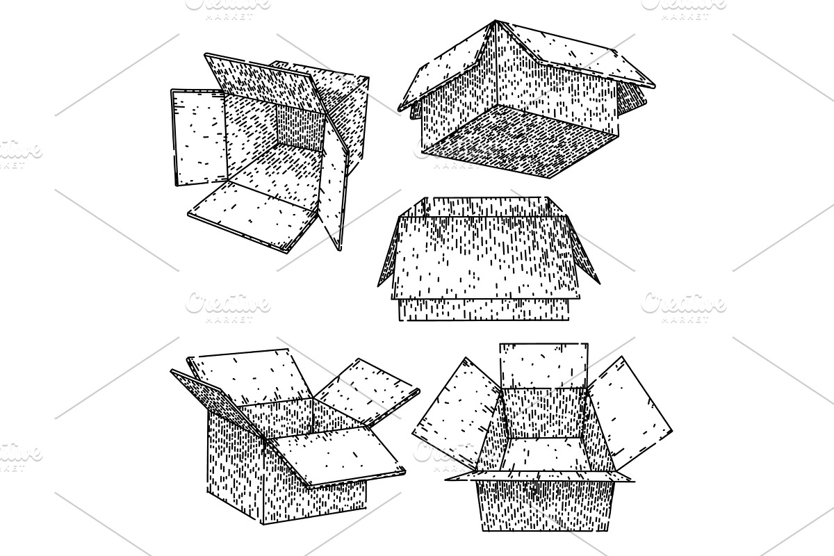 cardboard box set sketch hand drawn, an Object Illustration by pikepicture
