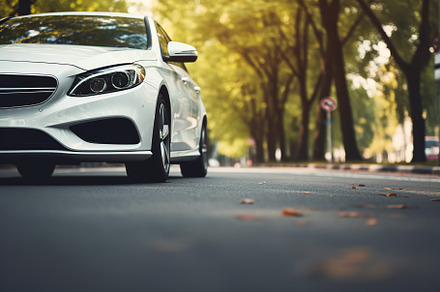 Modern car driving on a road, a Transportation Photo by AlyaAnd