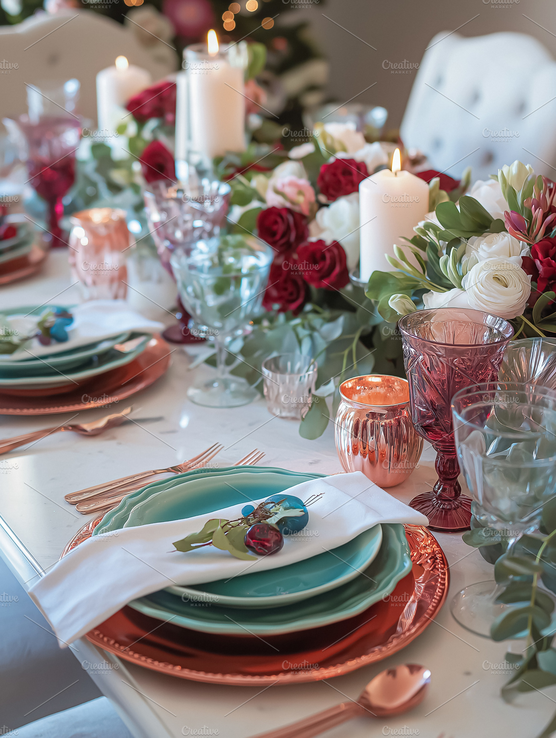 Elegant dining table decorated with roses, eucalyptus, candles, and copper plat, a Food & Drink Photo by Studio ANNA