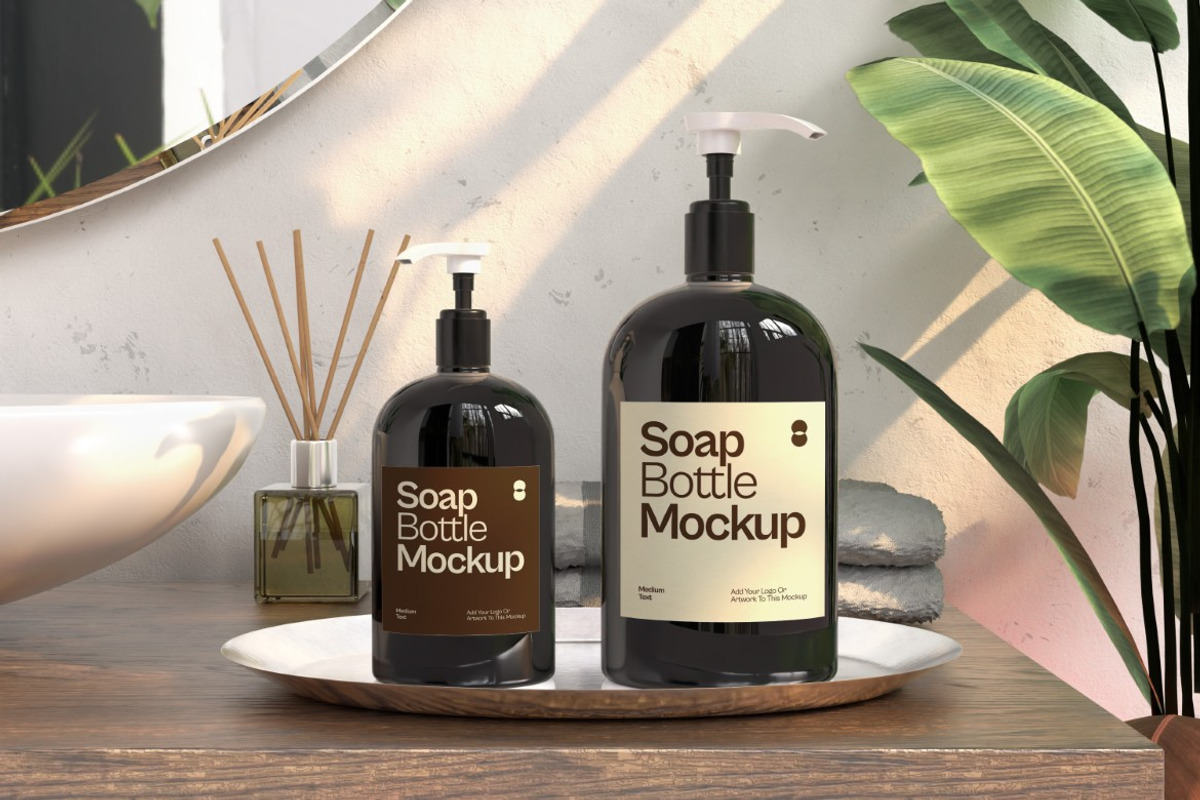 Soap Bottle On Tray Mockup, a Packaging Mockup by graphicook (Photo 2 of 4)