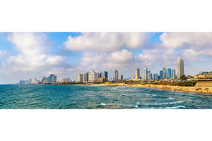 View of the mediterranean waterfront in tel aviv stock photo containing beach, a Transportation Photo by Leonid Andronov