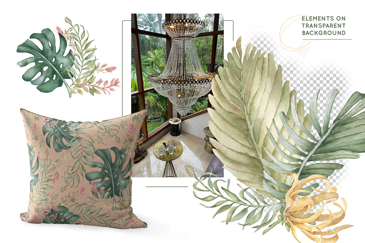 Tropical leaves and birds watercolor, an Illustration by Kate Lanbina (Photo 7 of 19)