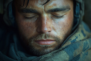 Portrait of a tired soldier resting with closed eyes, showcasing resilience and, a Person Photo by ImageMir