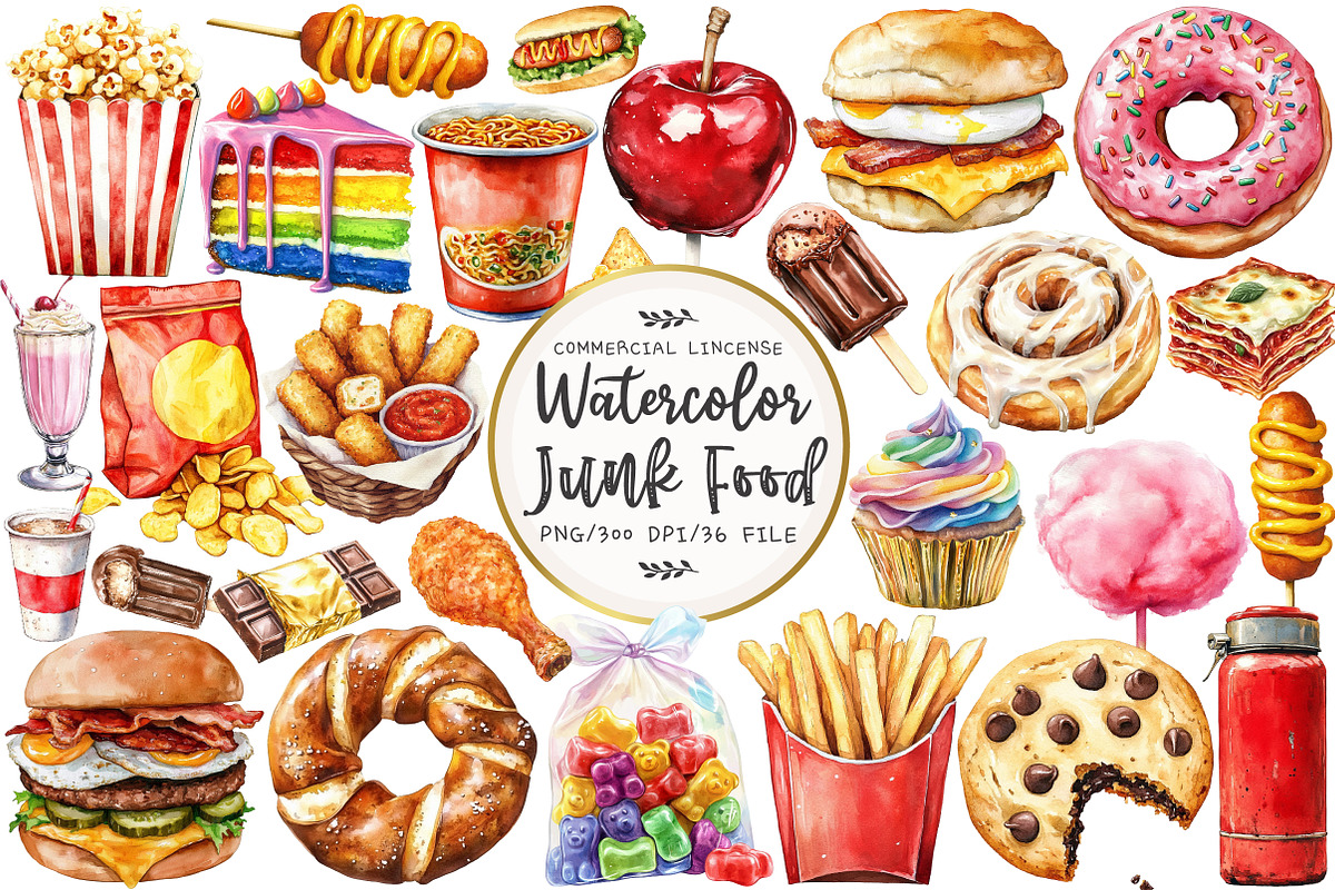Junk Food Watercolor Clipart, an Illustration by OK Design (Photo 1 of 5)