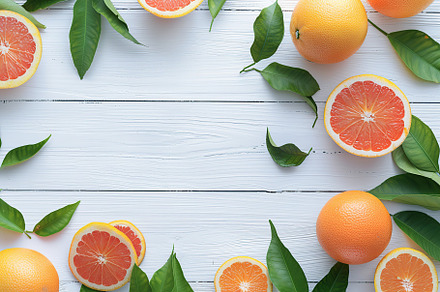 Fresh and tasty grapefruits and green leaves on wooden background, a Food & Drink Photo by AlyaAnd