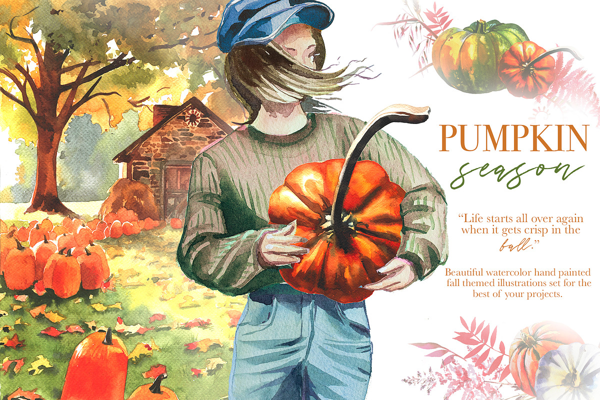 Watercolor Pumpkin Season Clipart, a Seasonal Illustration by ArtCreationsDesign (Photo 1 of 22)
