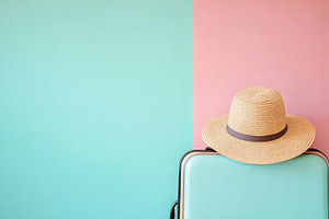 Travel suitcase with a straw hat on top against a colorful wall background, a Beauty & Fashion Photo by AlyaAnd