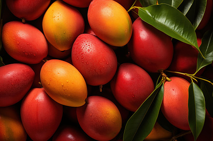 Pile of ripe, red mangoes with water droplets on their surface, surrounded by g, a Photo by Textures & Backgrounds