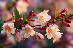 Weigela flowers blooming in sunset l, a Photo by Pixeness Studio