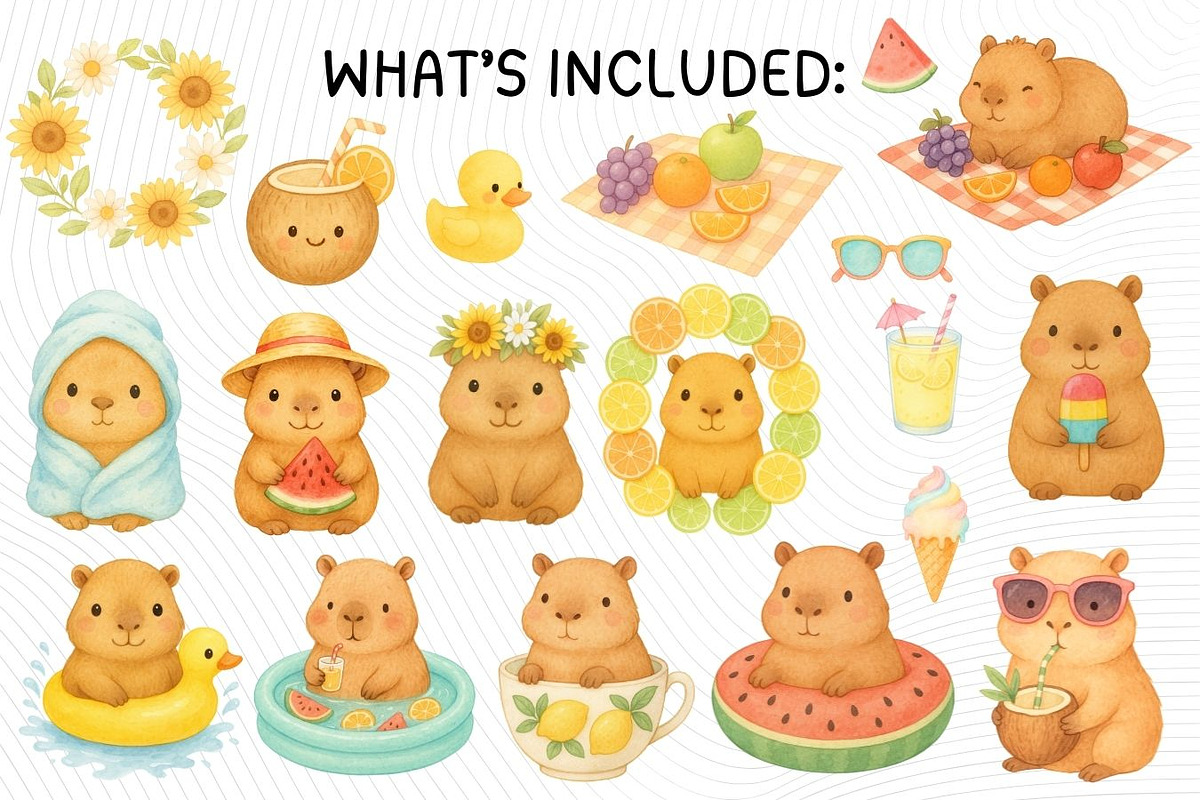 Cute Capybara Watercolor Clipart, an Animal Illustration by PassionPNGcreation (Photo 2 of 8)