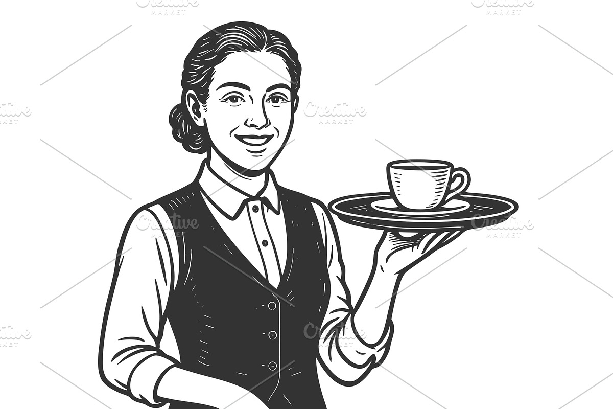 Female Waitress Serving Coffee on, a Person Illustration by AlexArt