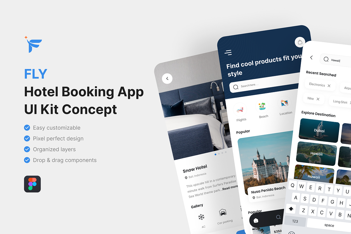 FLY - Hotel Booking App UI Kit, an UI Kit Template by iDoodle Studio (Photo 1 of 4)