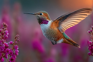 Hummingbird in Flight Among Flowers, an Animal Photo by Ales Munt