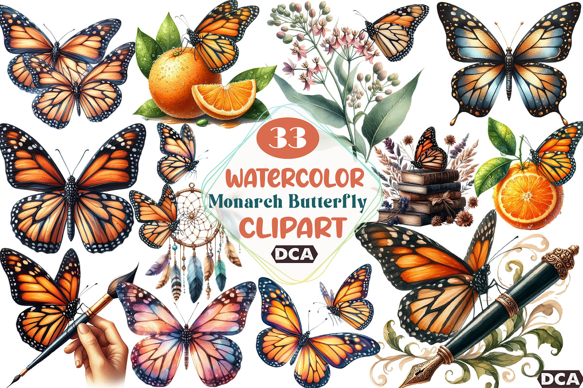 Watercolor Monarch Butterfly Clipart, an Illustration by DreamCafeArt (Photo 1 of 7)