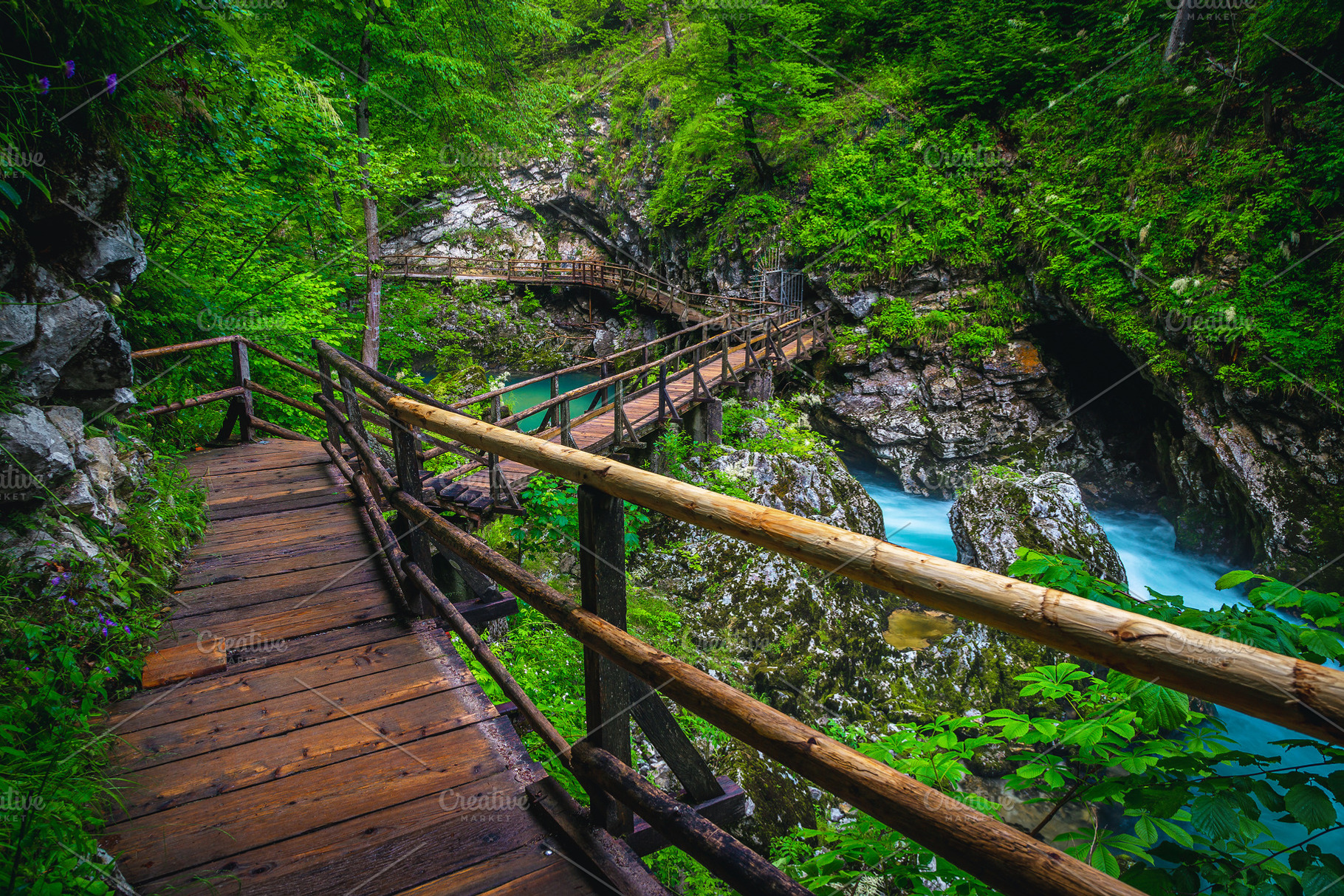 Wooden hiking path and Radovna river, a Wallpaper Photo by Alpine Dreams