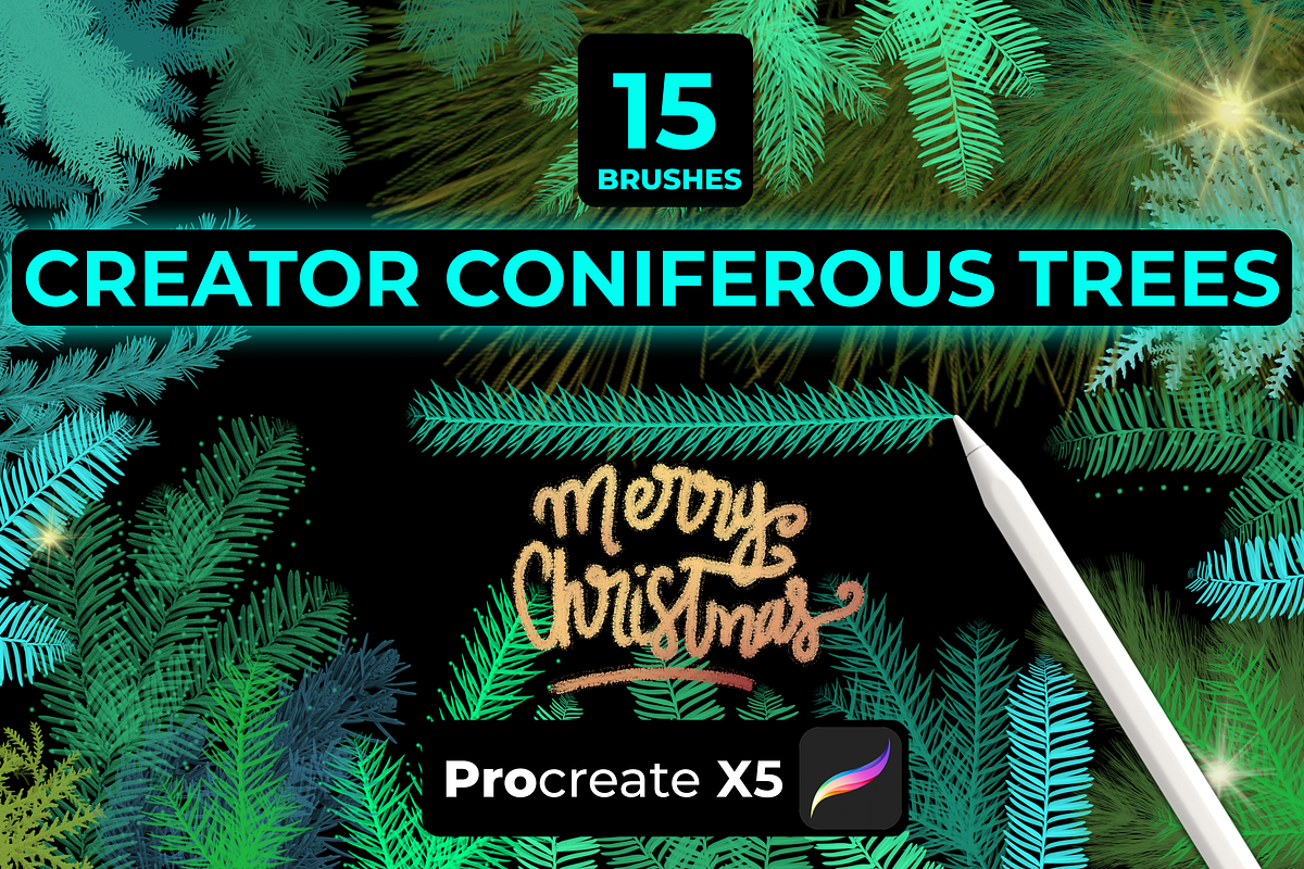 15 CONIFEROUS BRANCHES PROCREATE X5, a Brush Add-On by Graphics Resources (Photo 1 of 8)