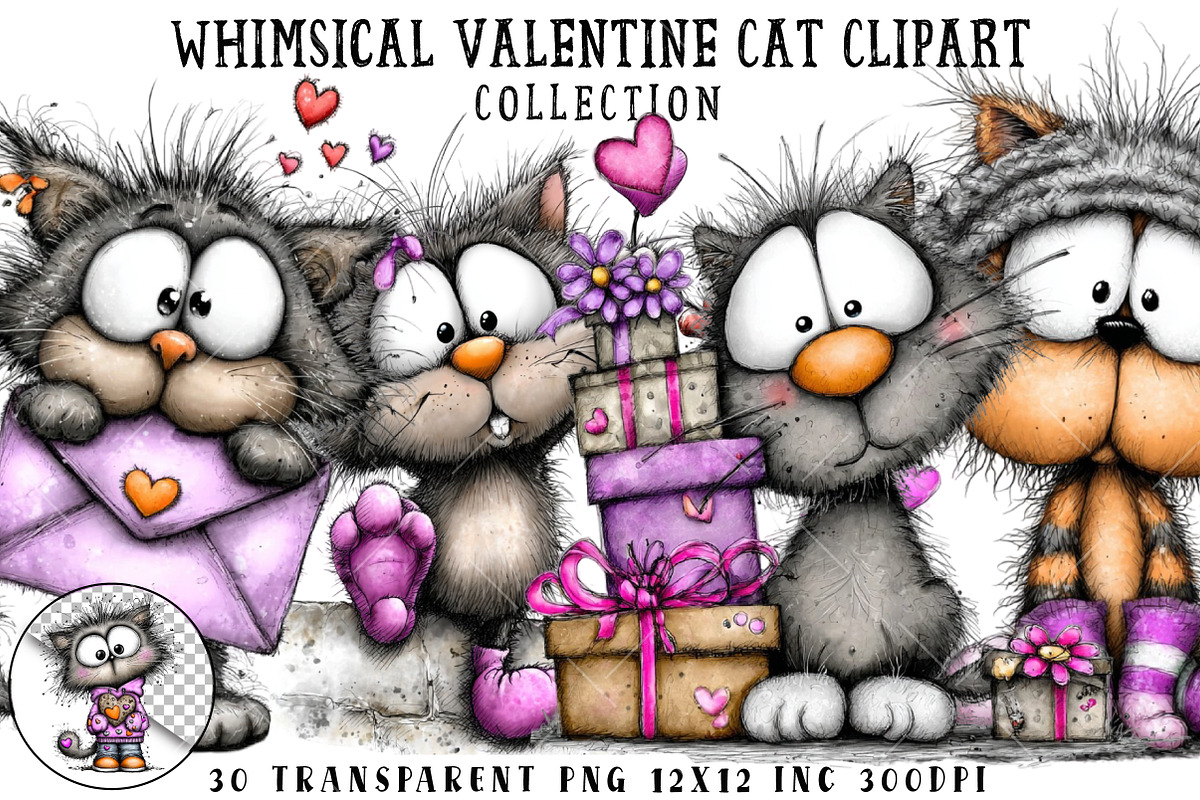 Whimsical Valentine Cat Clipart, an Illustration by OK Design (Photo 1 of 6)