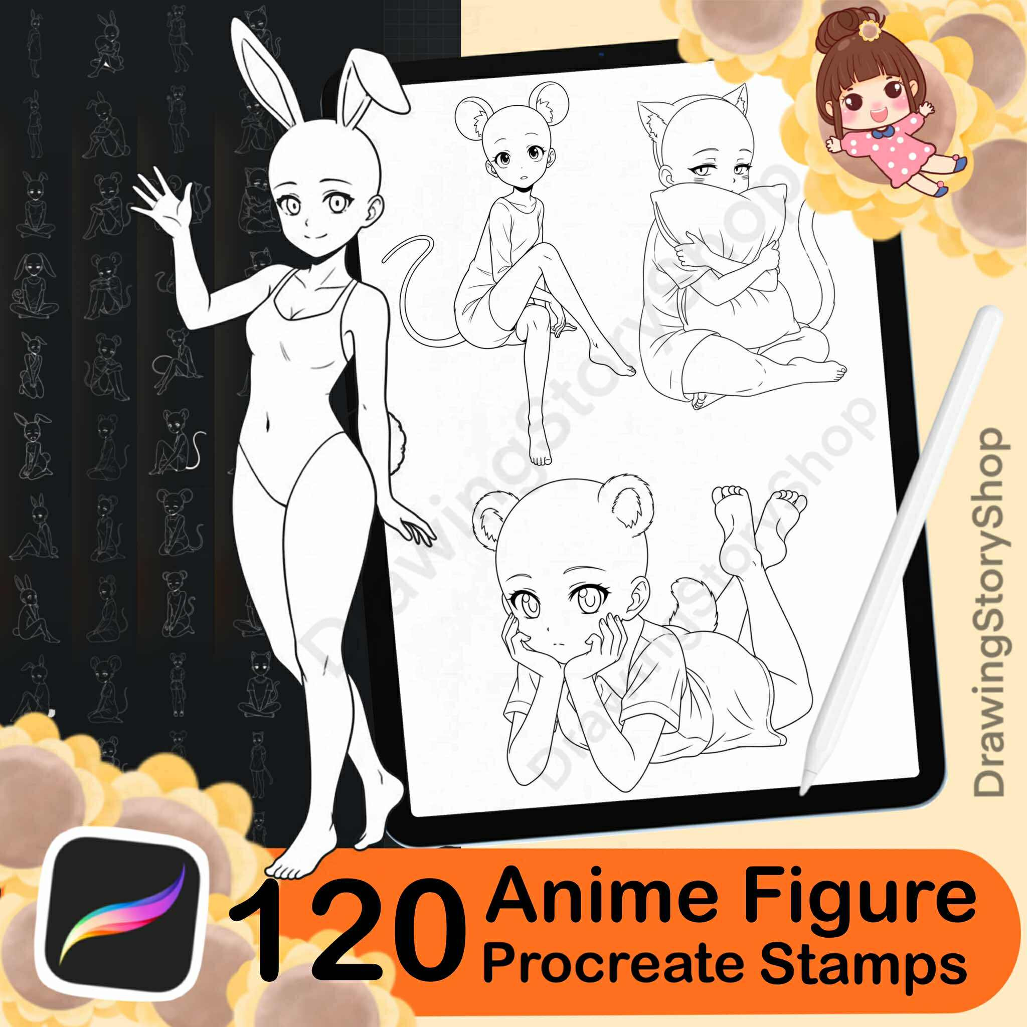 120 Procreate Anime Girl Animal Stam, a Brush Add-On by DrawingStoryShop
