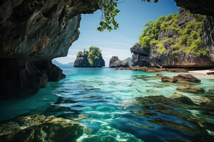 Scenic Beach With Clear Waters and Limestone Cliffs on a Sunny Day, a Photo by AS photostudio