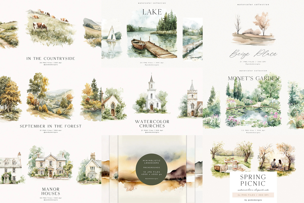 Watercolor Landscapes Bundle, a Decorative Illustration by PeDe Designs (Photo 2 of 14)