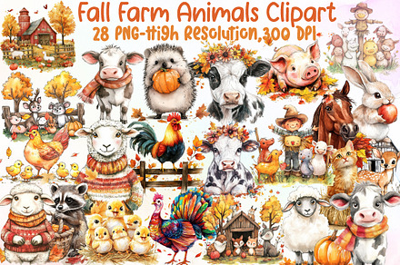 Fall Watercolor Farm Animals Clipart, an Illustration by Sublimation Artist