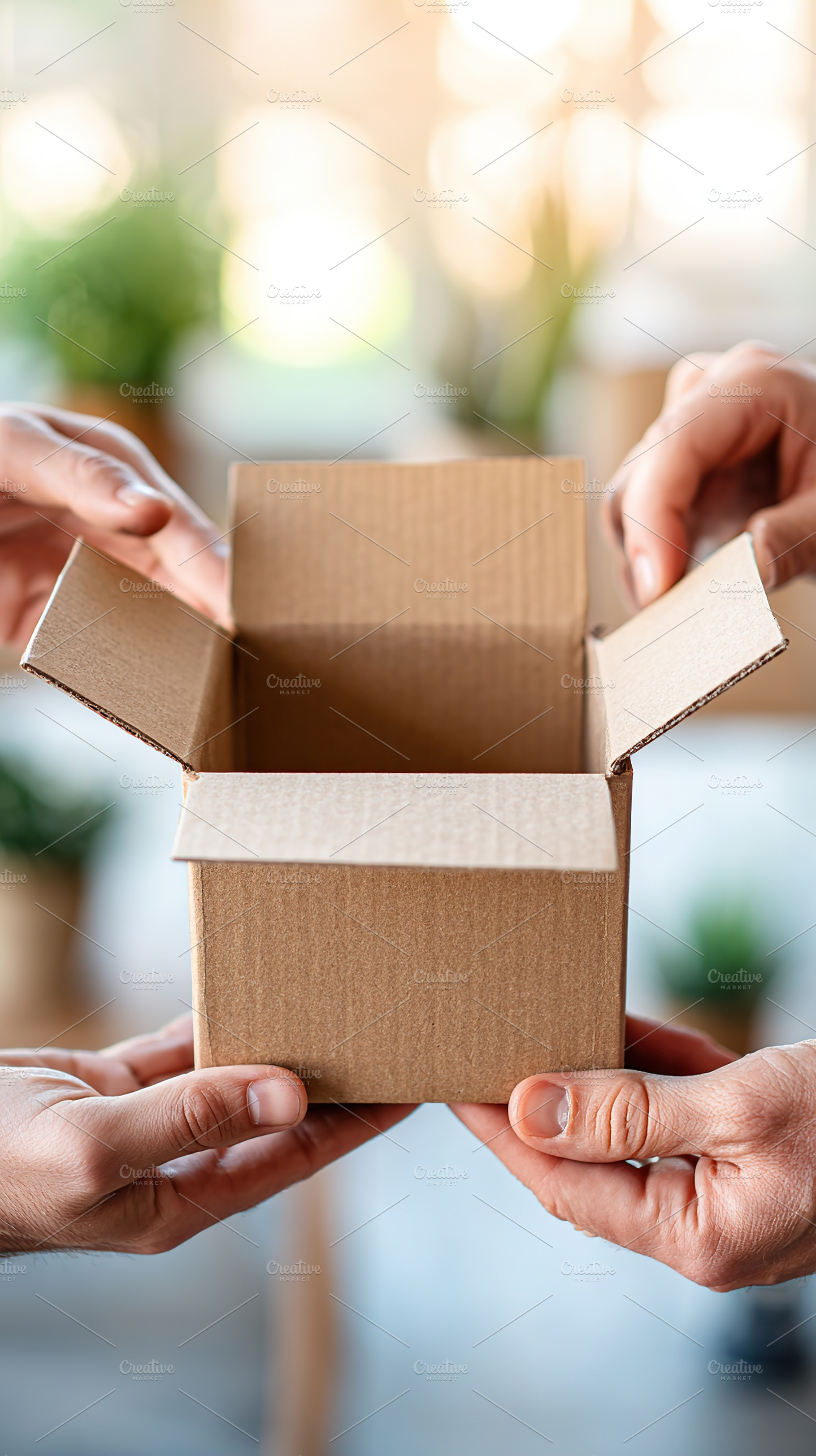 Hands hold open packaging revealing its contents in a lively environment filled, a Photo by AlyaAnd
