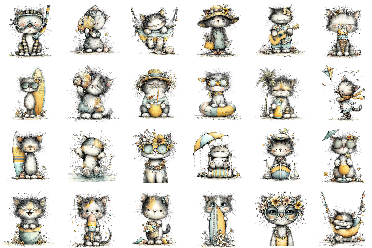 Whimsical Summer Beach Cat Clipart, an Illustration by designcity5 (Photo 2 of 5)