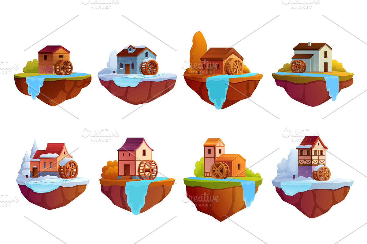 Watermills. Game design floating, an Illustration by Valerie Bodnar
